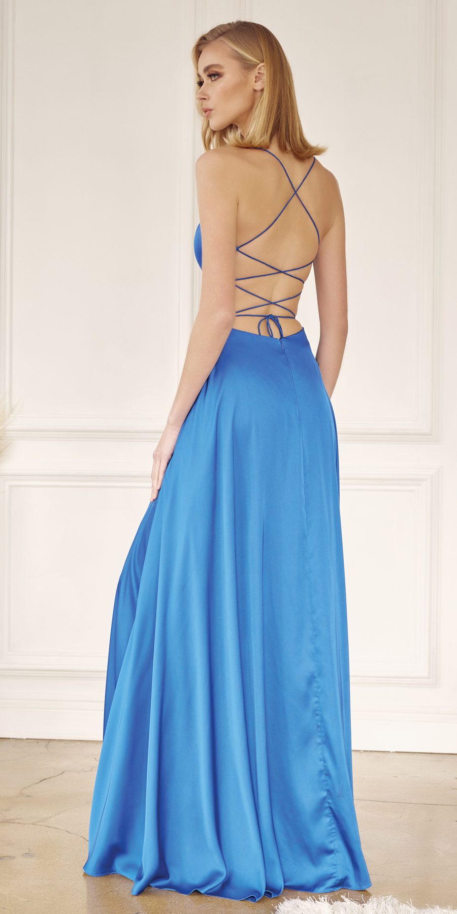 Juliet 278 Formal A-Line Satin Gown with Side Pockets by DiscountDressShop
