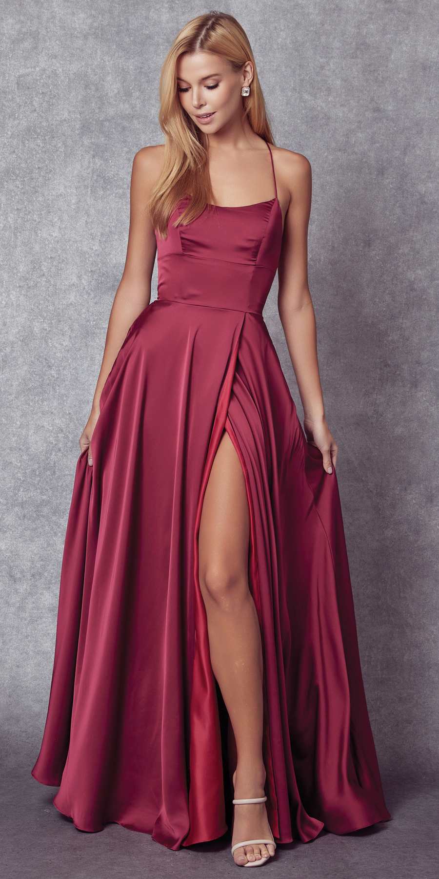 Juliet 278 Formal A-Line Satin Gown with Side Pockets by DiscountDressShop