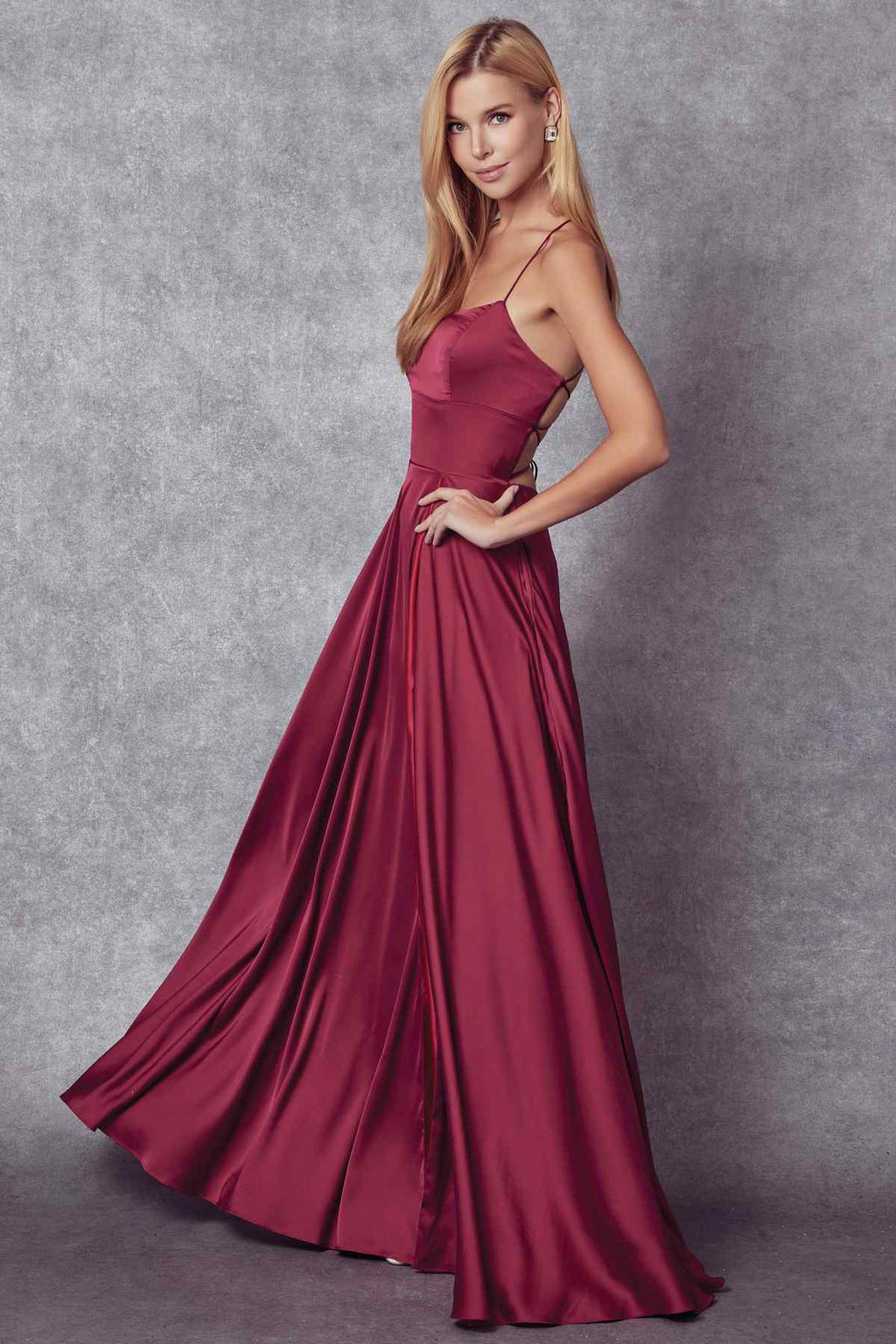 Juliet 278 Formal A-Line Satin Gown with Side Pockets by DiscountDressShop