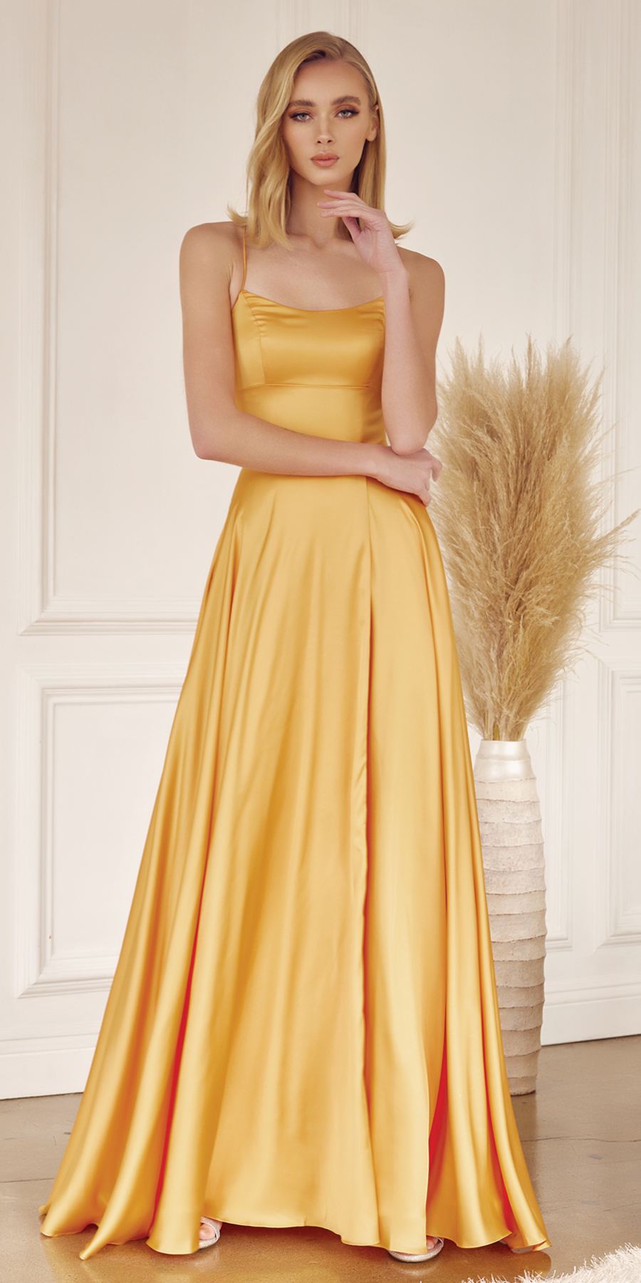 Juliet 278 Formal A-Line Satin Gown with Side Pockets by DiscountDressShop