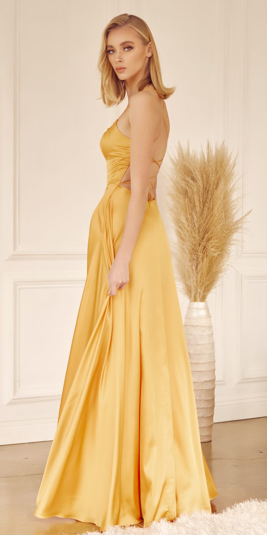Juliet 278 Formal A-Line Satin Gown with Side Pockets by DiscountDressShop
