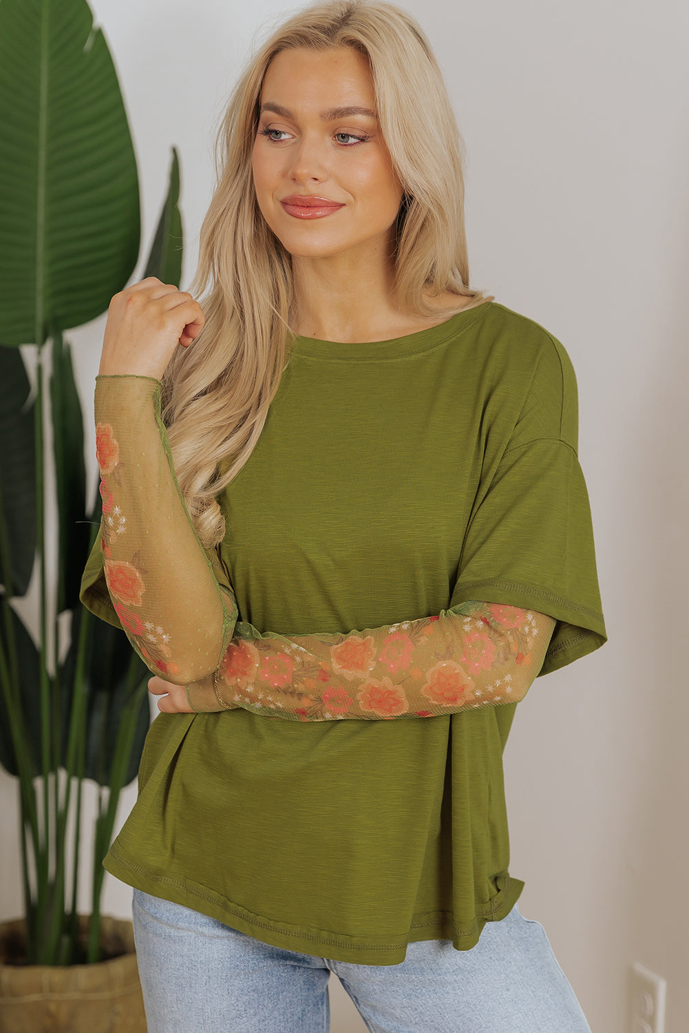Fern Green Faux Two Piece Floral Long Sleeve Patchwork Tee by Dear-Lover Dropshipping