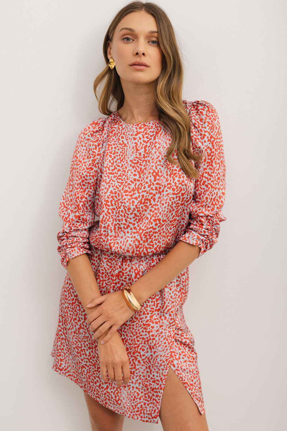 Tomato Red Leopard Print Long Sleeve Hollowed Back Split Mini Dress by Wild and Free Boutique
