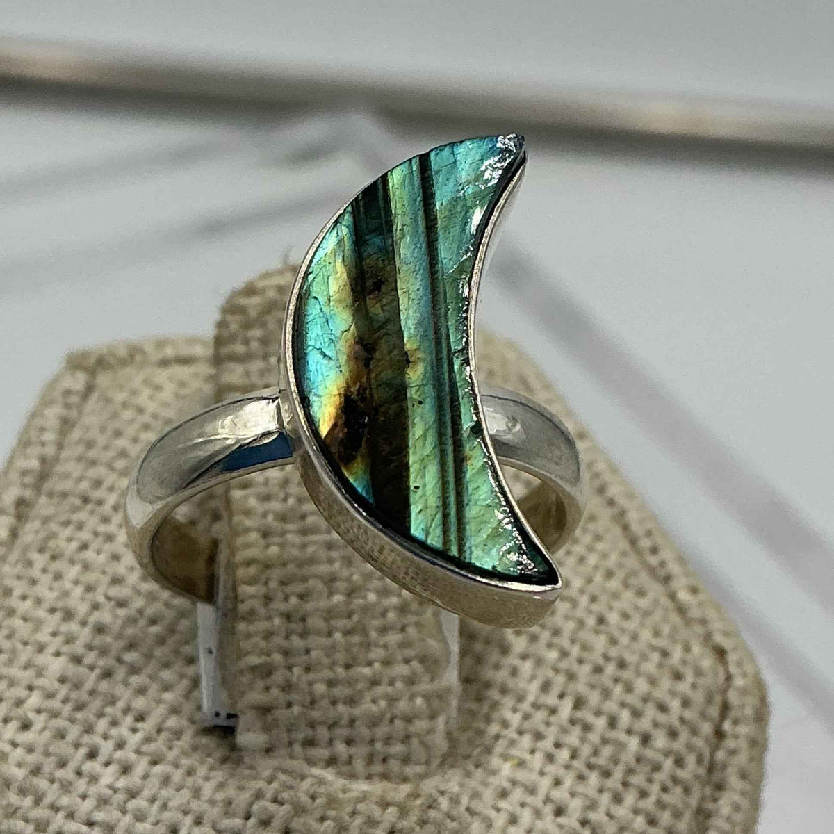 Sterling Silver Labradorite Crescent Moon Ring – Size 7 – Protection, Intuition & Transformation by Sacred Crystals
