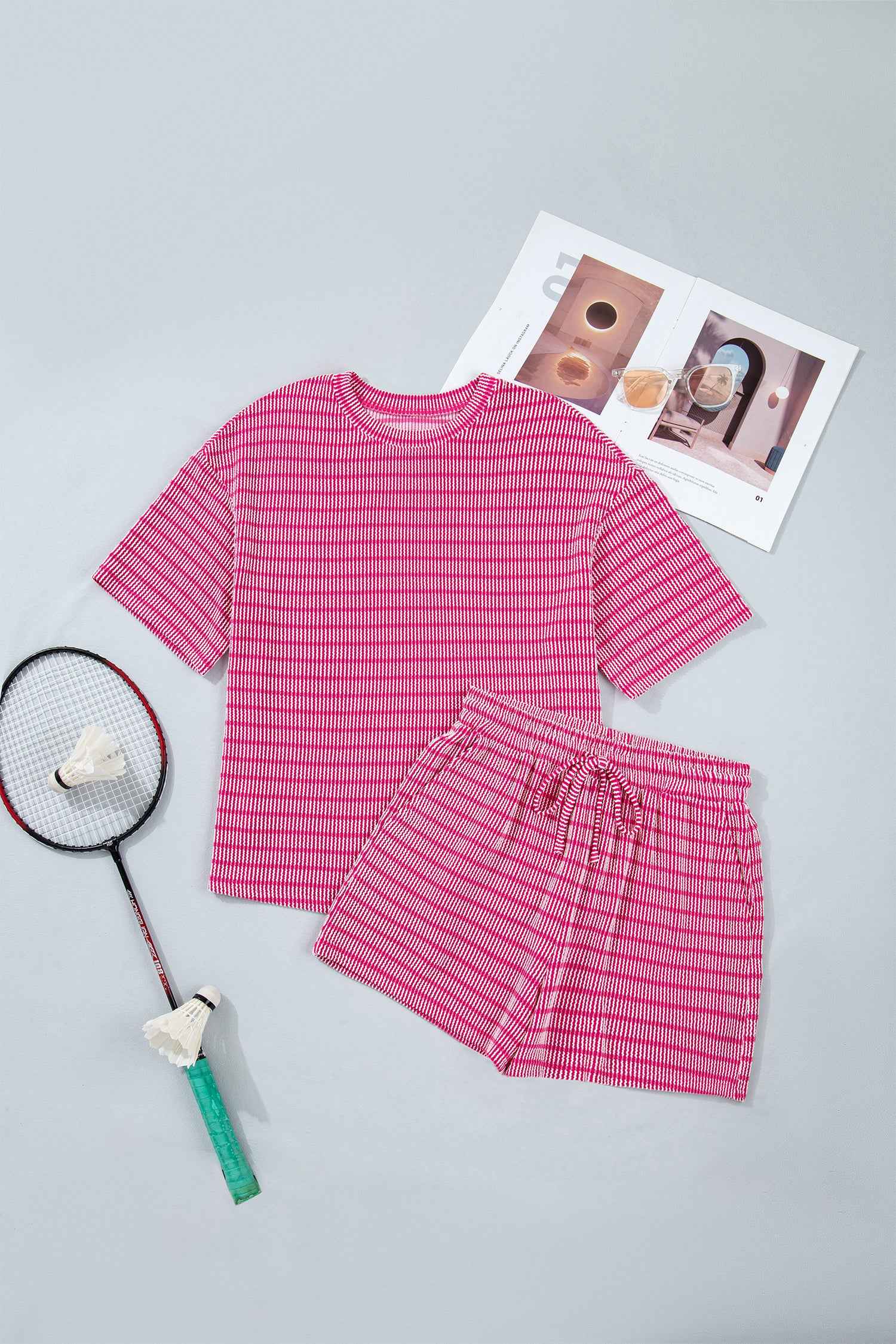 Rose Stripe Raised Rib Loose Tee Drawstring Elastic Waist 2pcs Short Set by Dear-Lover Dropshipping