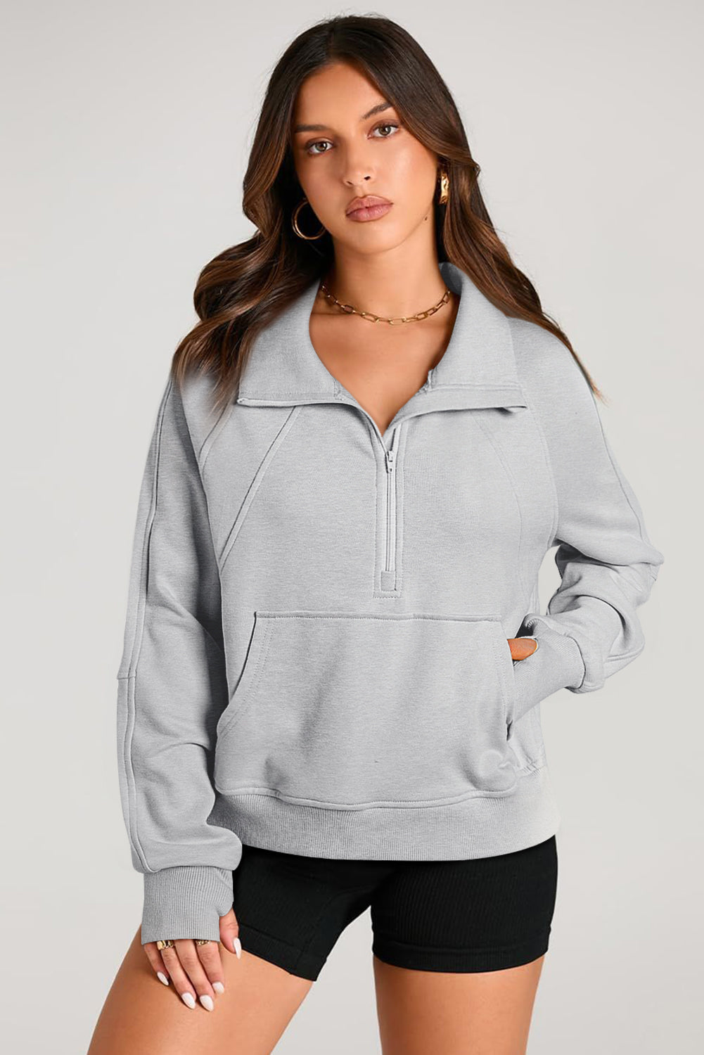 Smoke Green Quarter Zip Stand Neck Kangaroo Pocket Sweatshirt by Wild and Free Boutique