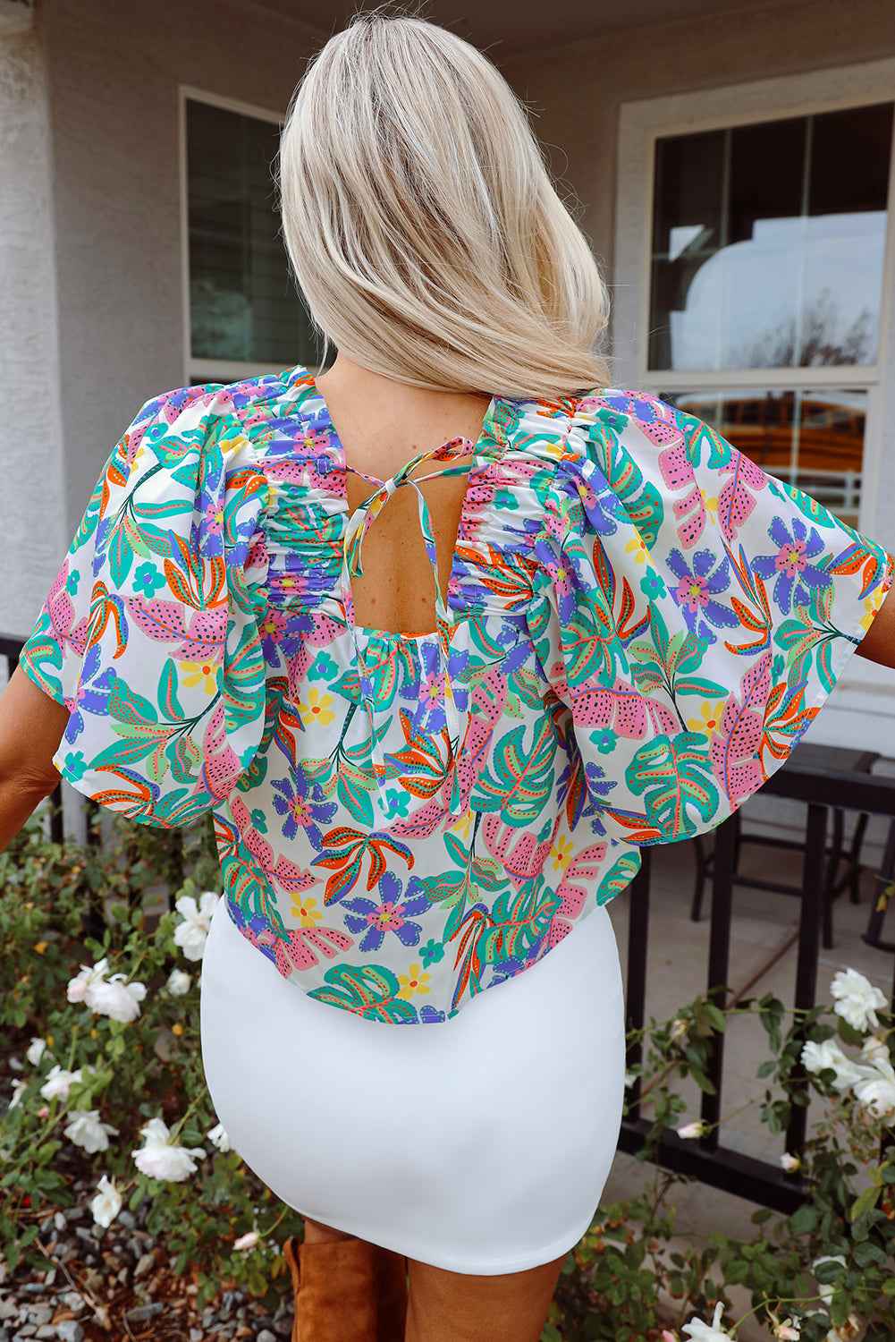 Green Plant Print Loose Fit Puff Sleeve Square Neck Blouse by Wild and Free Boutique