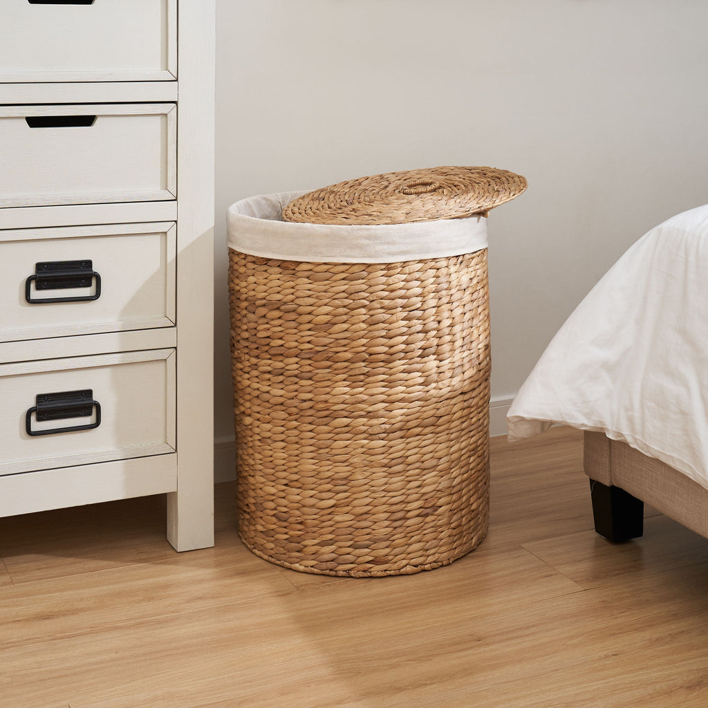Round Tall Water Hyacinth Woven Wicker Laundry Hamper With Lid - For Clothes, Toys And Book Storage With Removable Liner - 15" X 15" X 20" - Natural Brown by Unique Piece Furniture