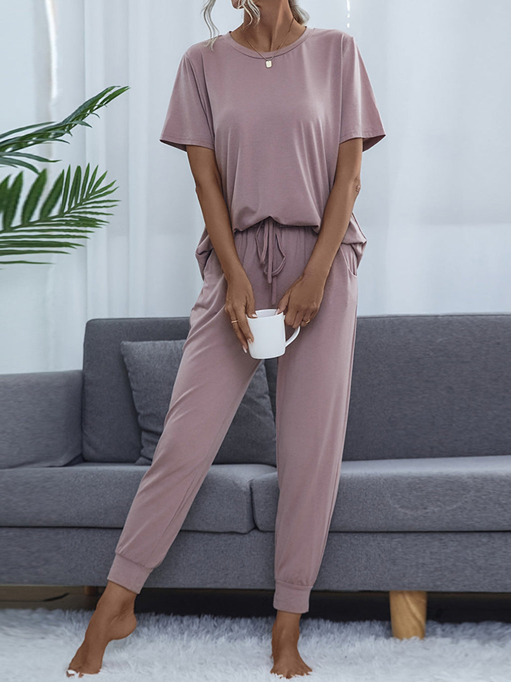 Shiny Round Neck Short Sleeve Top and Pants Set by Wild and Free Boutique