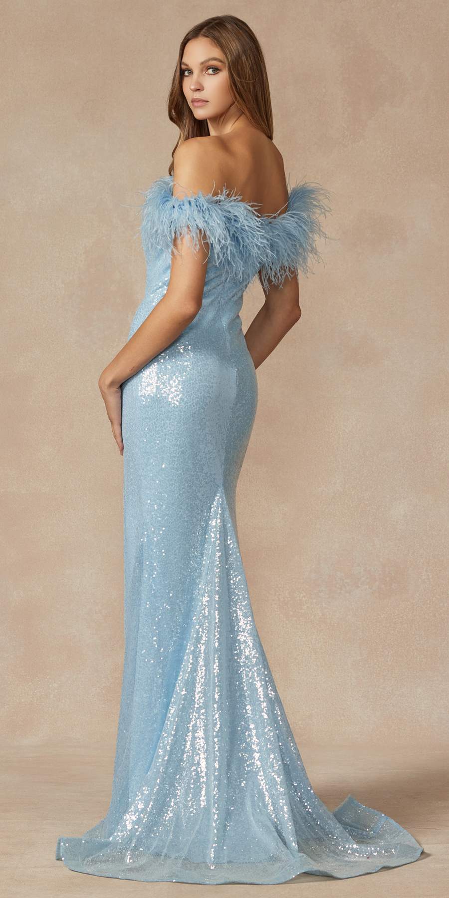 Juliet 292 Long Feather Neckline Off the Shoulder High Slit Prom Gown by DiscountDressShop