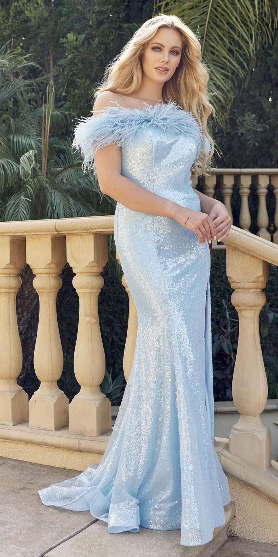Juliet 292 Long Feather Neckline Off the Shoulder High Slit Prom Gown by DiscountDressShop