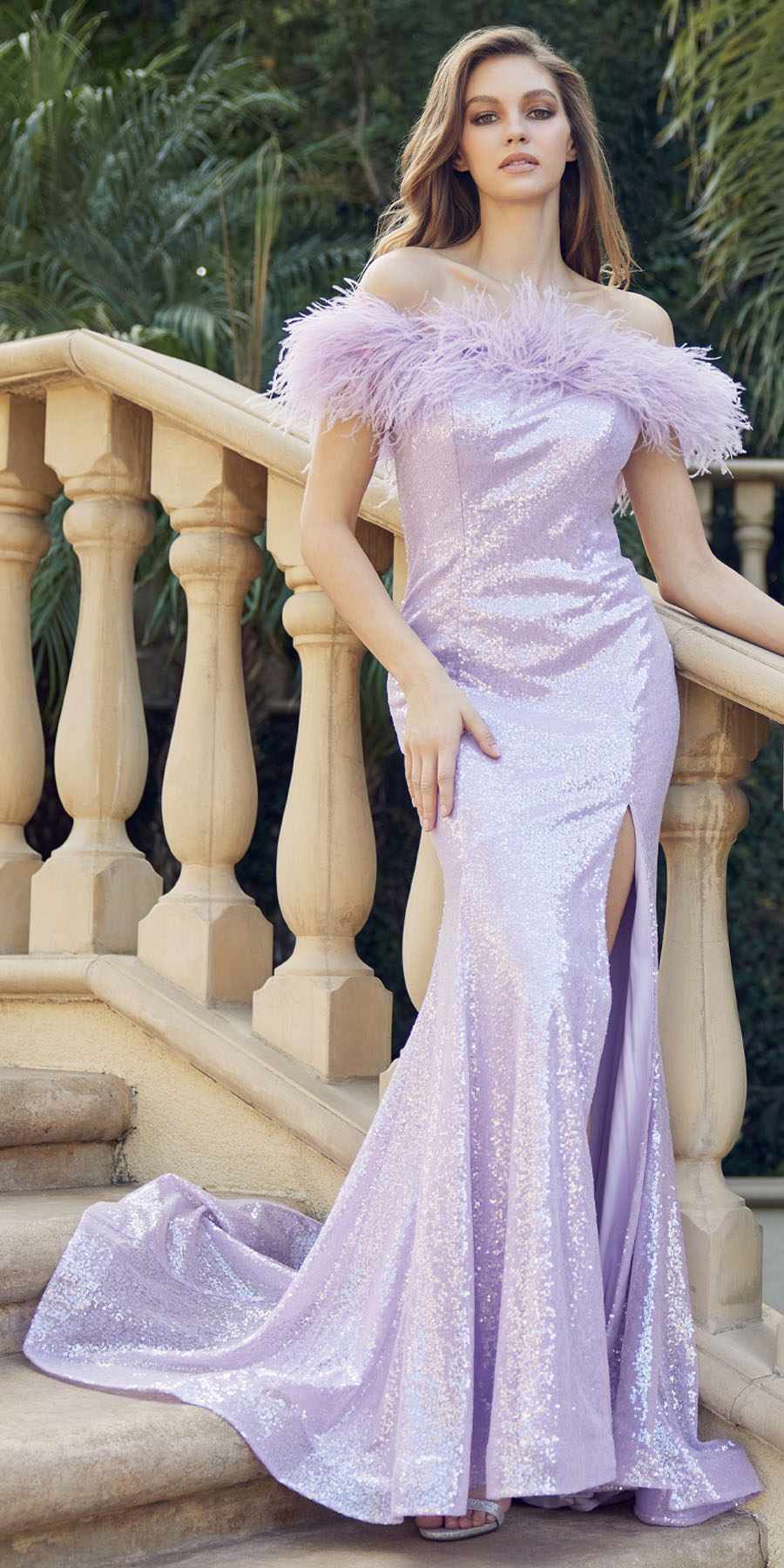 Juliet 292 Long Feather Neckline Off the Shoulder High Slit Prom Gown by DiscountDressShop