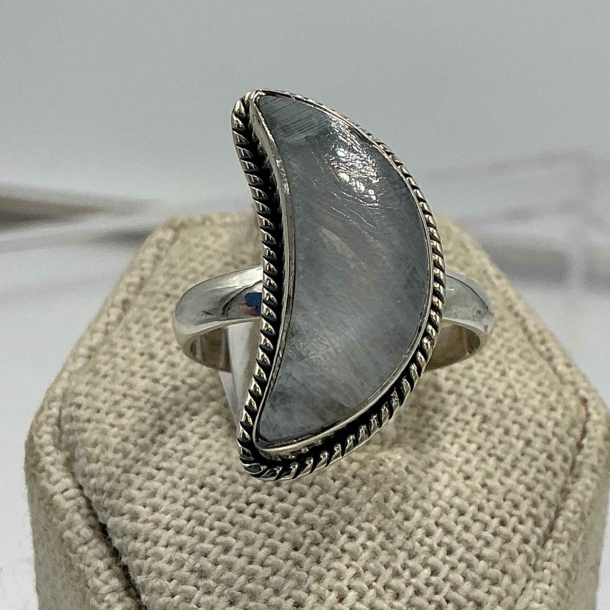 Sterling Silver Rainbow Moonstone Crescent Moon Ring – Size 8 – Intuition, Inner Guidance & New Beginnings by Sacred Crystals