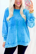 Blue Mineral Wash Raw Seam Double Patched Pocket Pullover Sweatshirt by Wild and Free Boutique