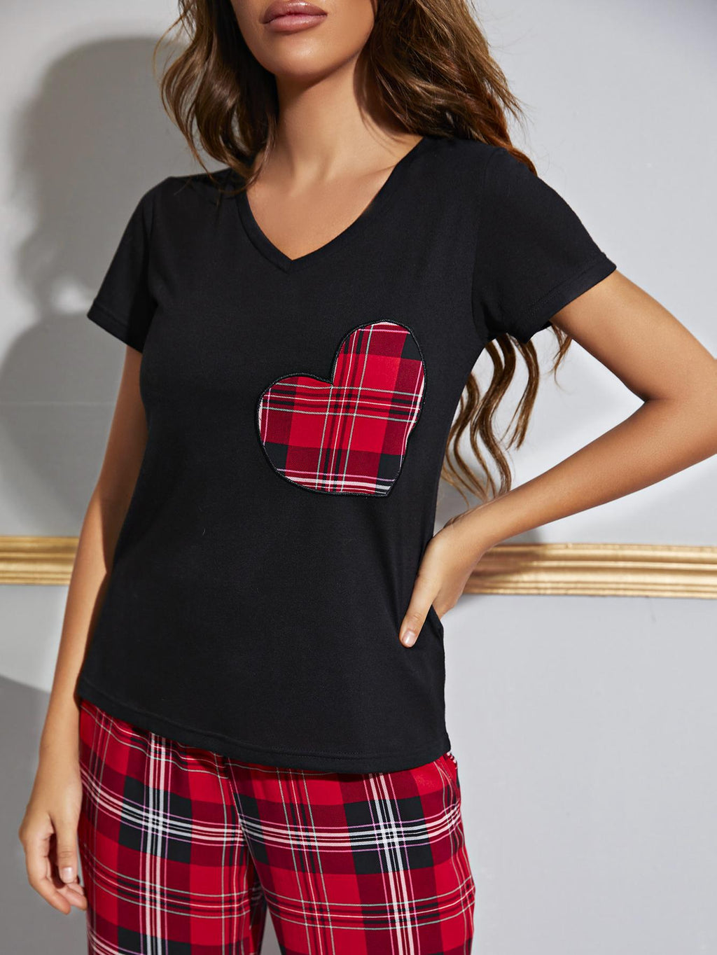 Heart Graphic V-Neck Top and Plaid Pants Lounge Set by Wild and Free Boutique