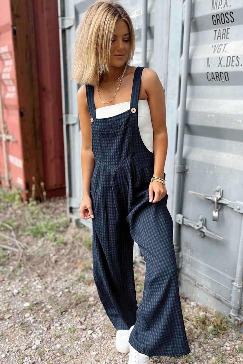 Sail Blue Plaid Print Buttoned Pocketed High Waist Overall by Wild and Free Boutique