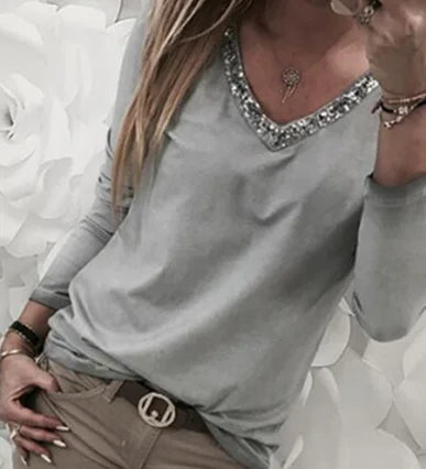Plus Size Women's Sequin Long Sleeve V Neck T-shirt by Trendy Attic Store01