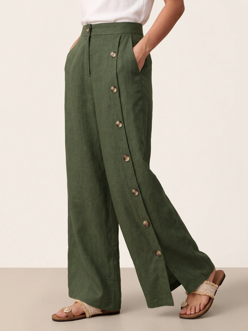 100% Linen Buttoned Slit-Hem Pants KATYA by LINTICO