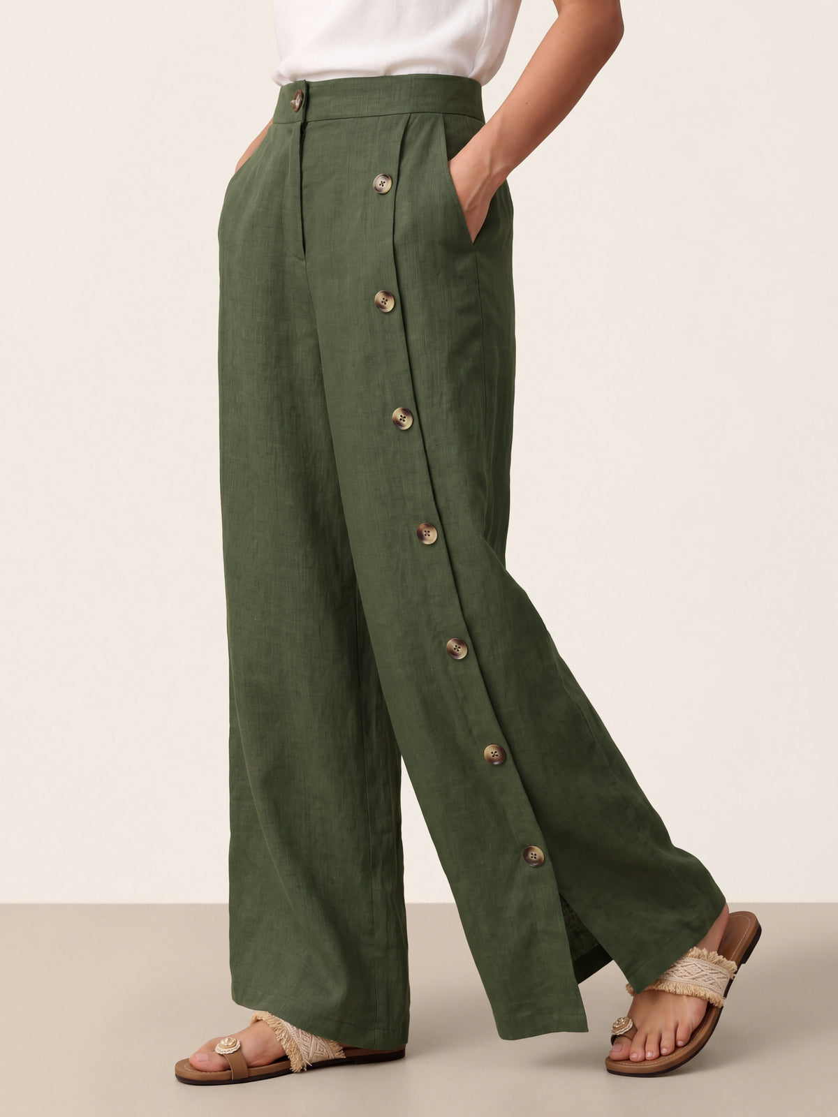 100% Linen Buttoned Slit-Hem Pants KATYA by LINTICO