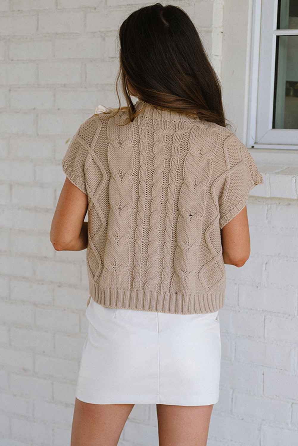 Simply Taupe Cable Knit Colorblock Satin Bowknot Short Sleeve Sweater by Wild and Free Boutique
