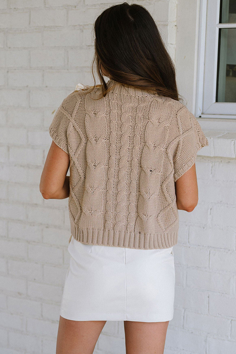 White Cable Knit Colorblock Satin Bowknot Short Sleeve Sweater by Wild and Free Boutique