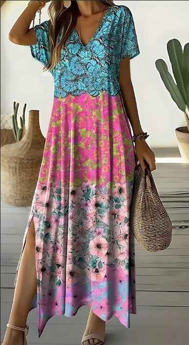 Floral Print V-neck Dress - Vacation Style Short Sleeve A-line Split Hem Dress For Spring & Summer - Women's Clothing - For Women - Perfect For Casual Outings, Beach Vacations & Summer Parties - Ideal by Wild and Free Boutique