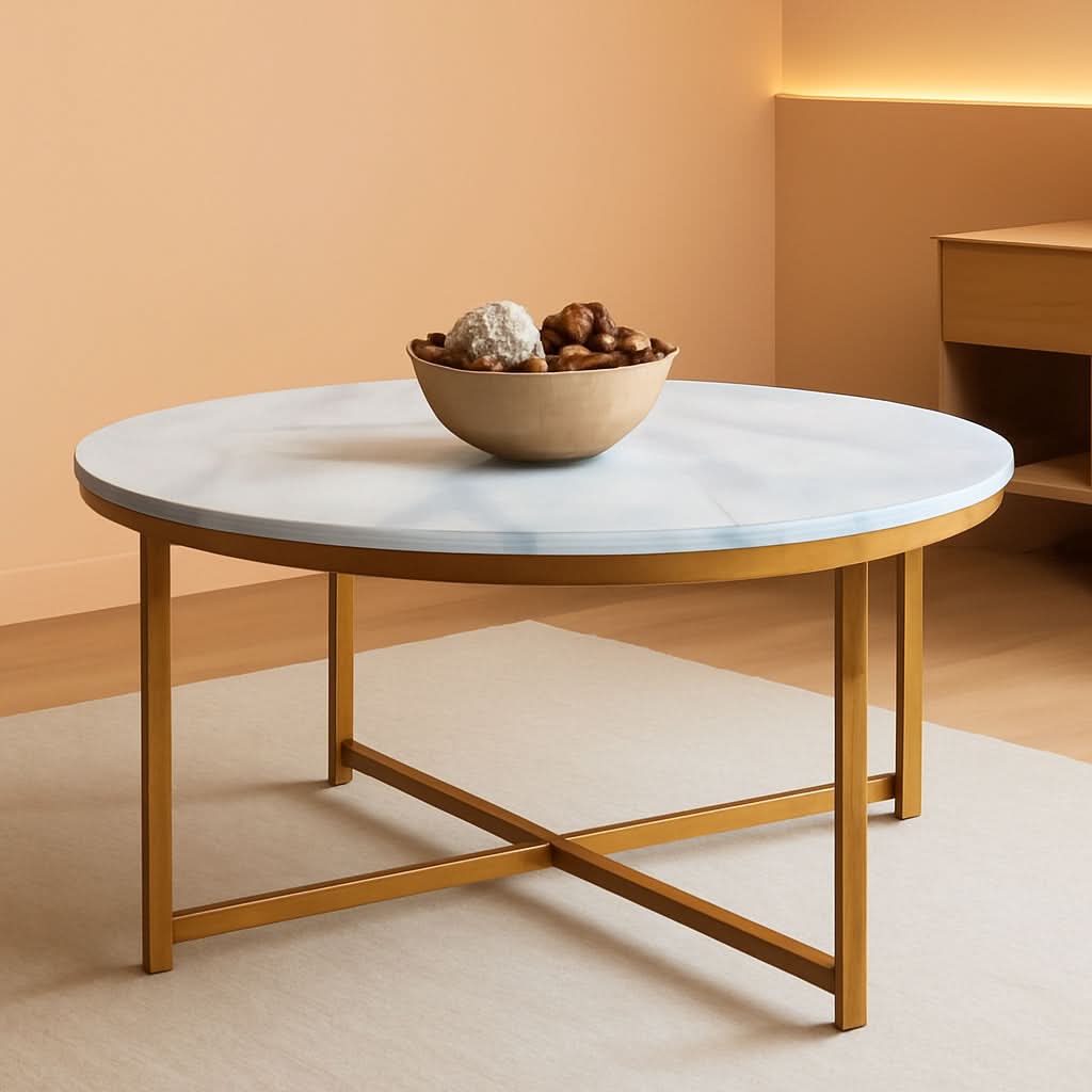 Round Coffee Table With Faux Marble Top Cross Leg Design by ShipItFurniture