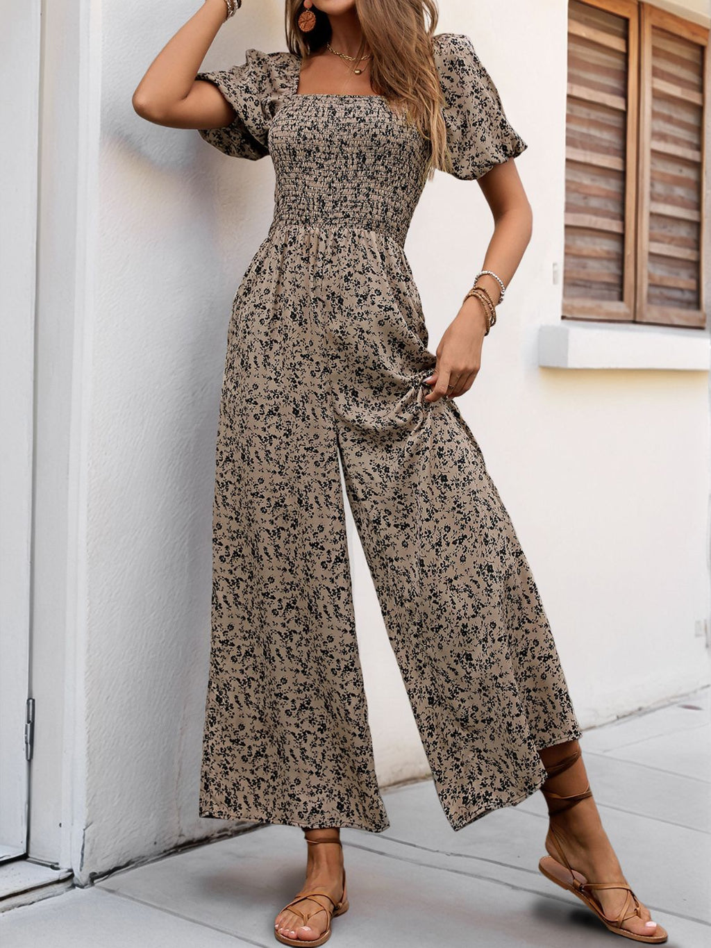 Perfee Smocked Printed Square Neck Puff Sleeve Jumpsuit by Wild and Free Boutique