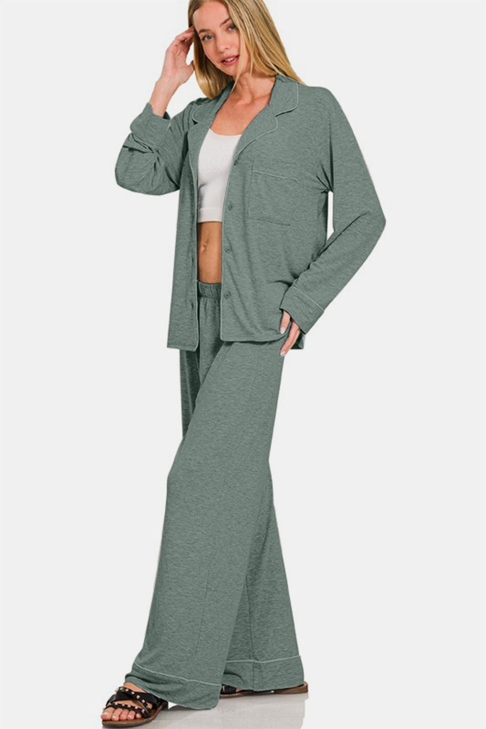 Zenana Button Down Long Sleeve Top and Pants Lounge Set by Wild and Free Boutique