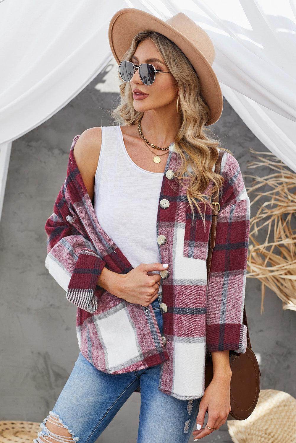 Plaid Button Up Dropped Shoulder Jacket for Women Stylish by Selvanelle