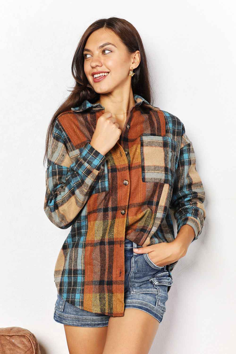 Double Take Plaid Curved Hem Shirt Jacket with Breast Pockets by Wild and Free Boutique