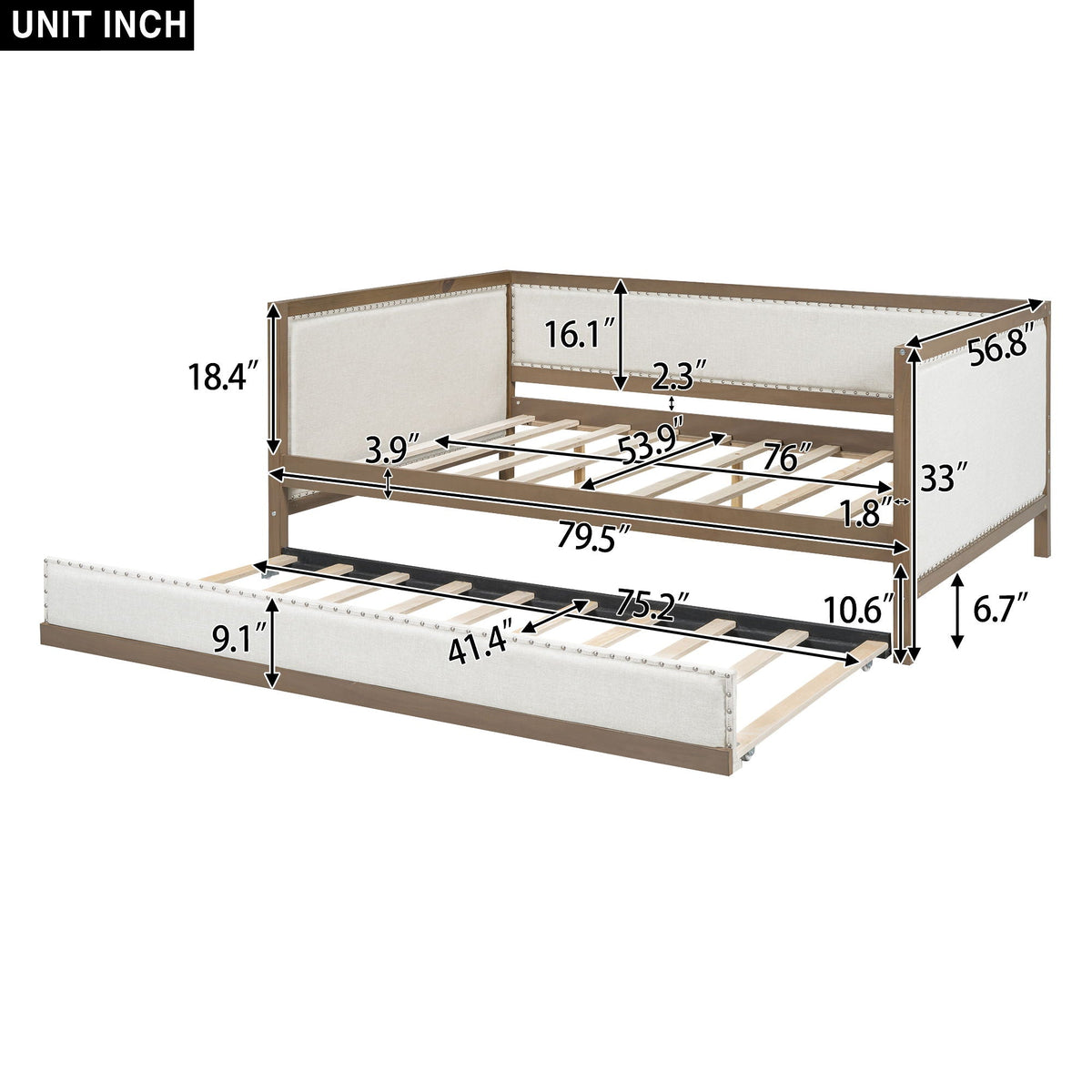 Full Size Daybed With Trundle And Nailhead Decoration - Wood by Unique Piece Furniture