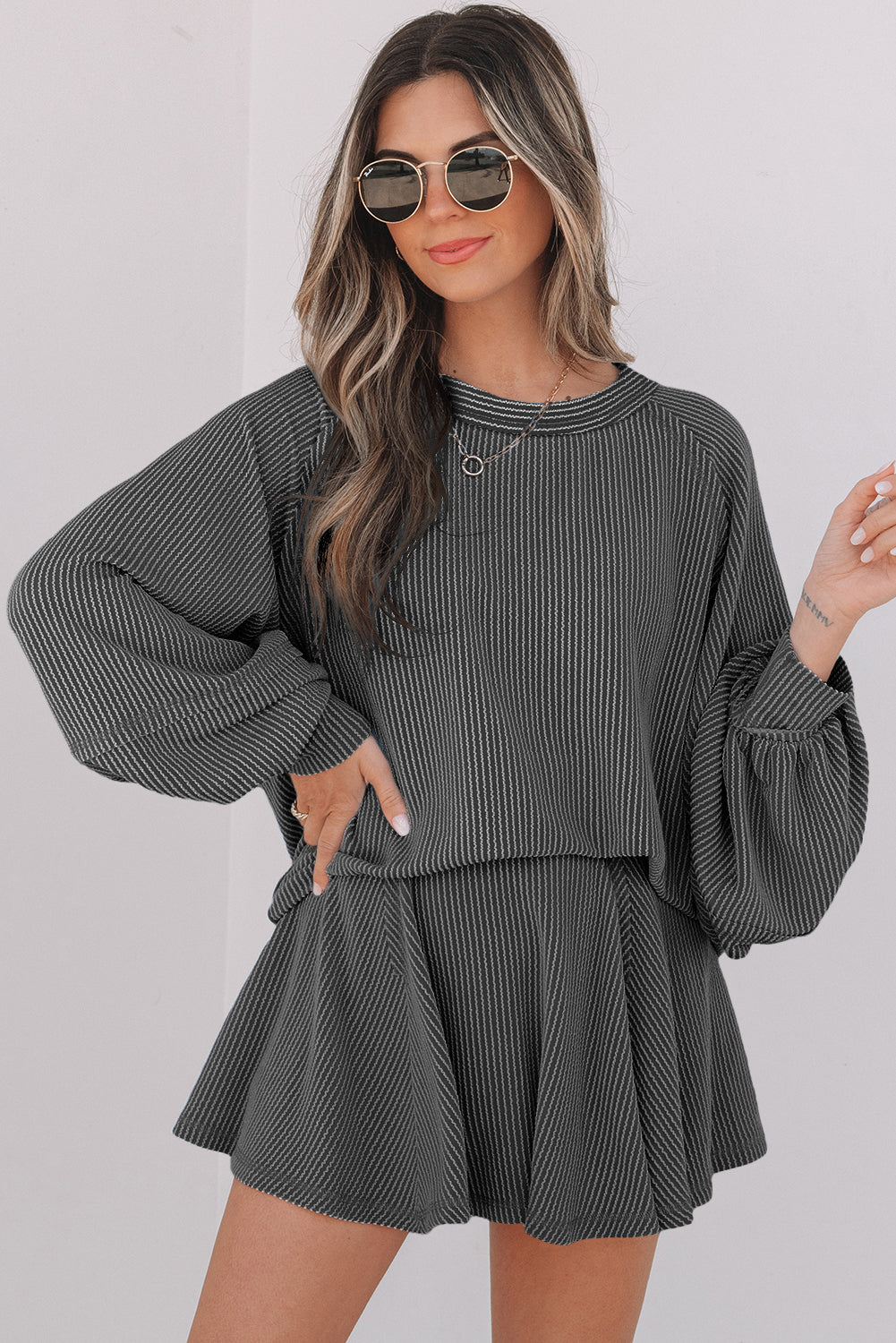 Jet Stream Corded Lantern Sleeve Top High Waist Ruffled Mini Skirt Set by Wild and Free Boutique