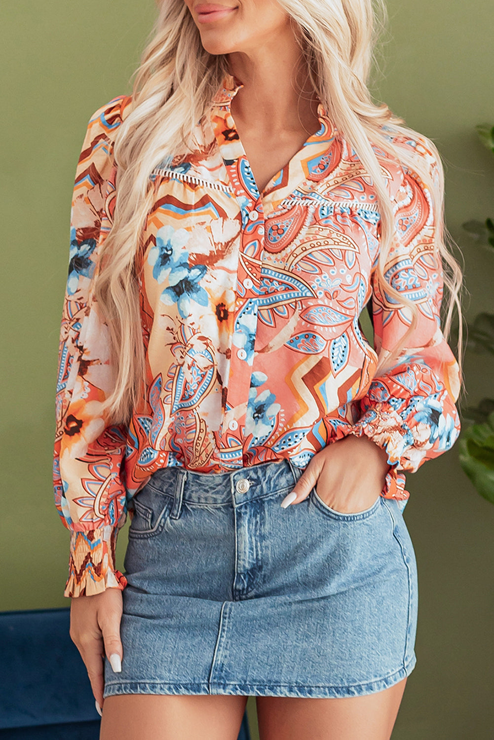 Orange Floral Print Shirred Cuff Buttoned Loose Shirt by Dear-Lover Dropshipping