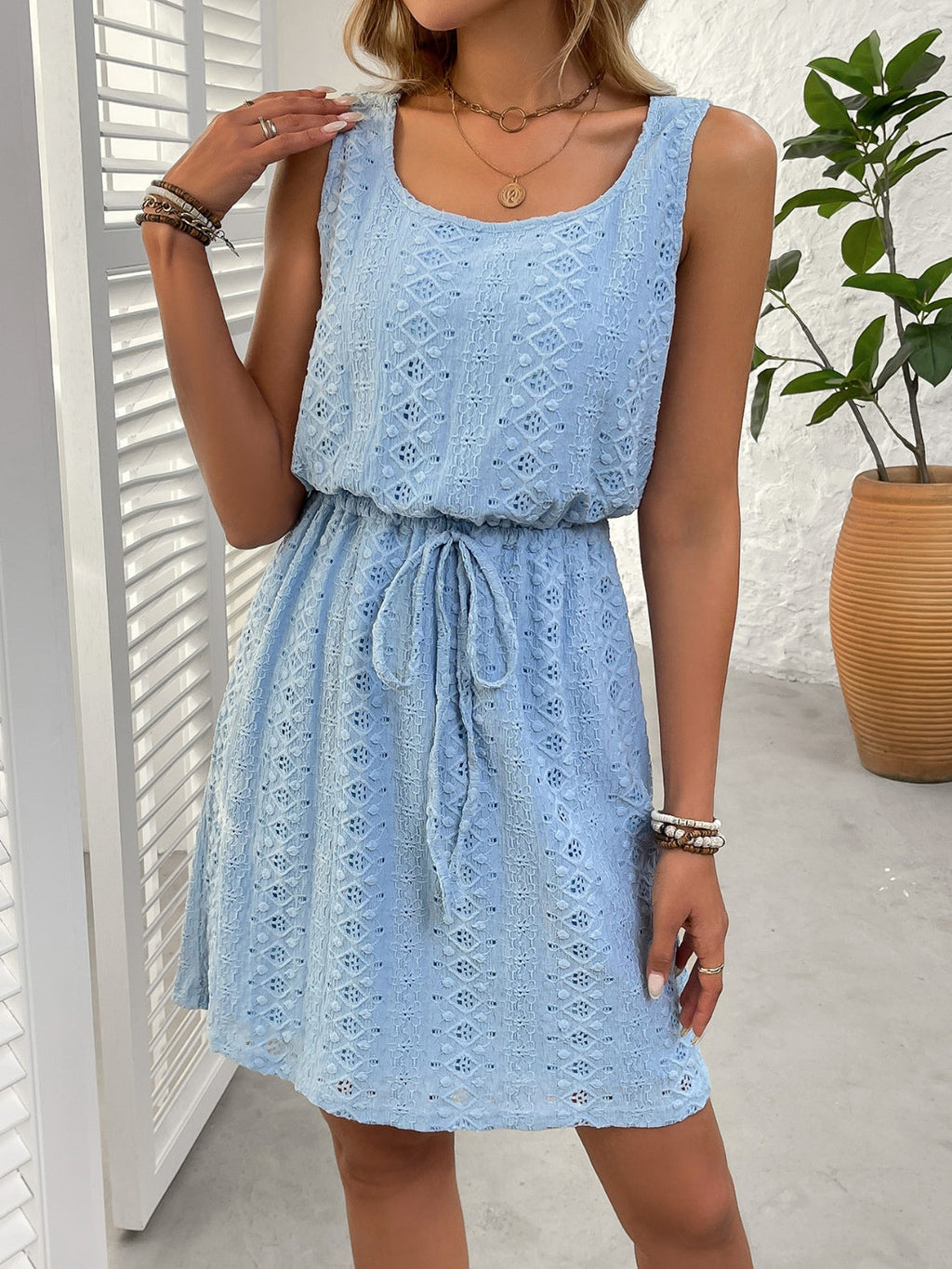 Eyelet Drawstring Round Neck Sleeveless Dress by Wild and Free Boutique