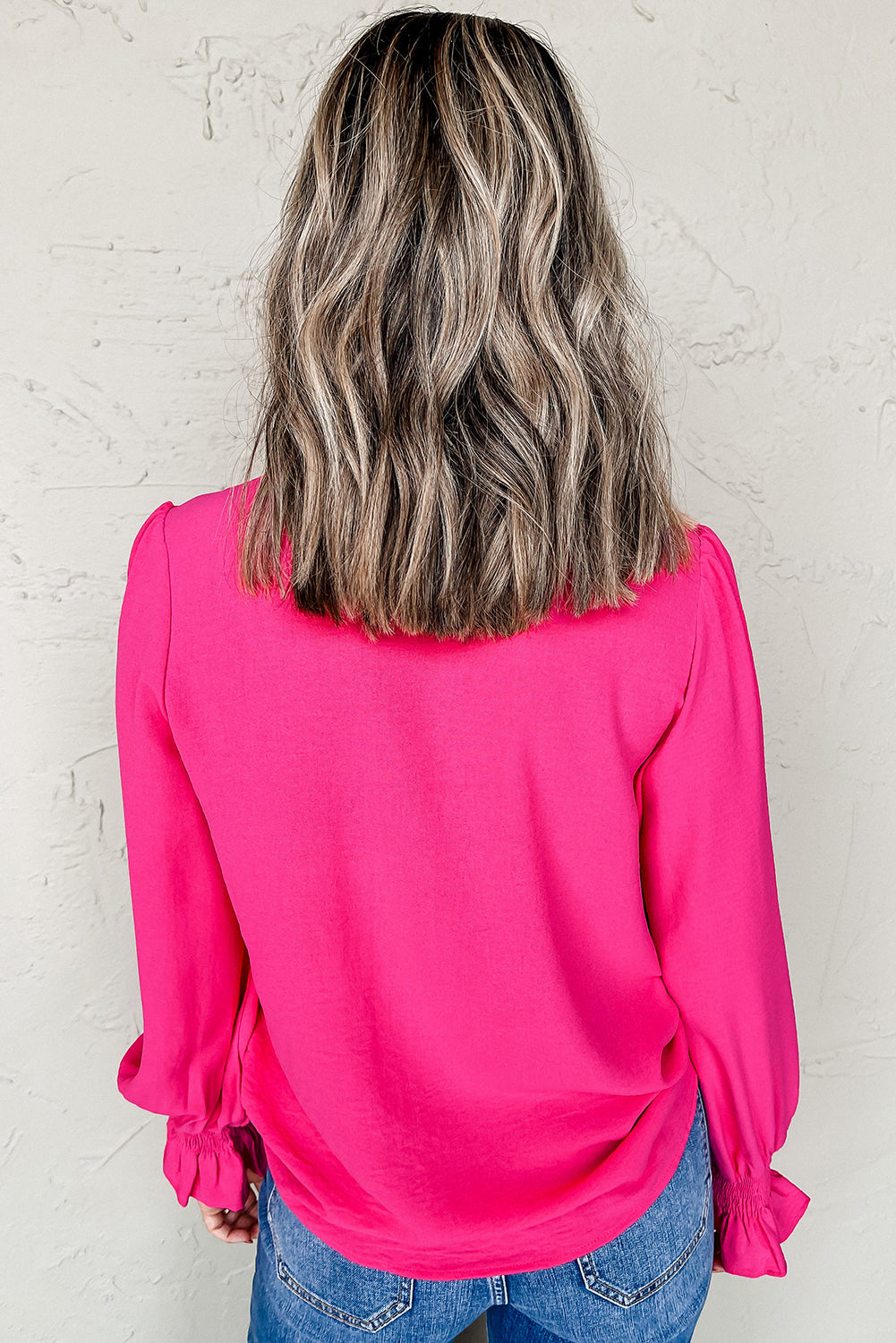 Rose Red Solid Color Shirred Cuff Notch V Neck Blouse by Wild and Free Boutique