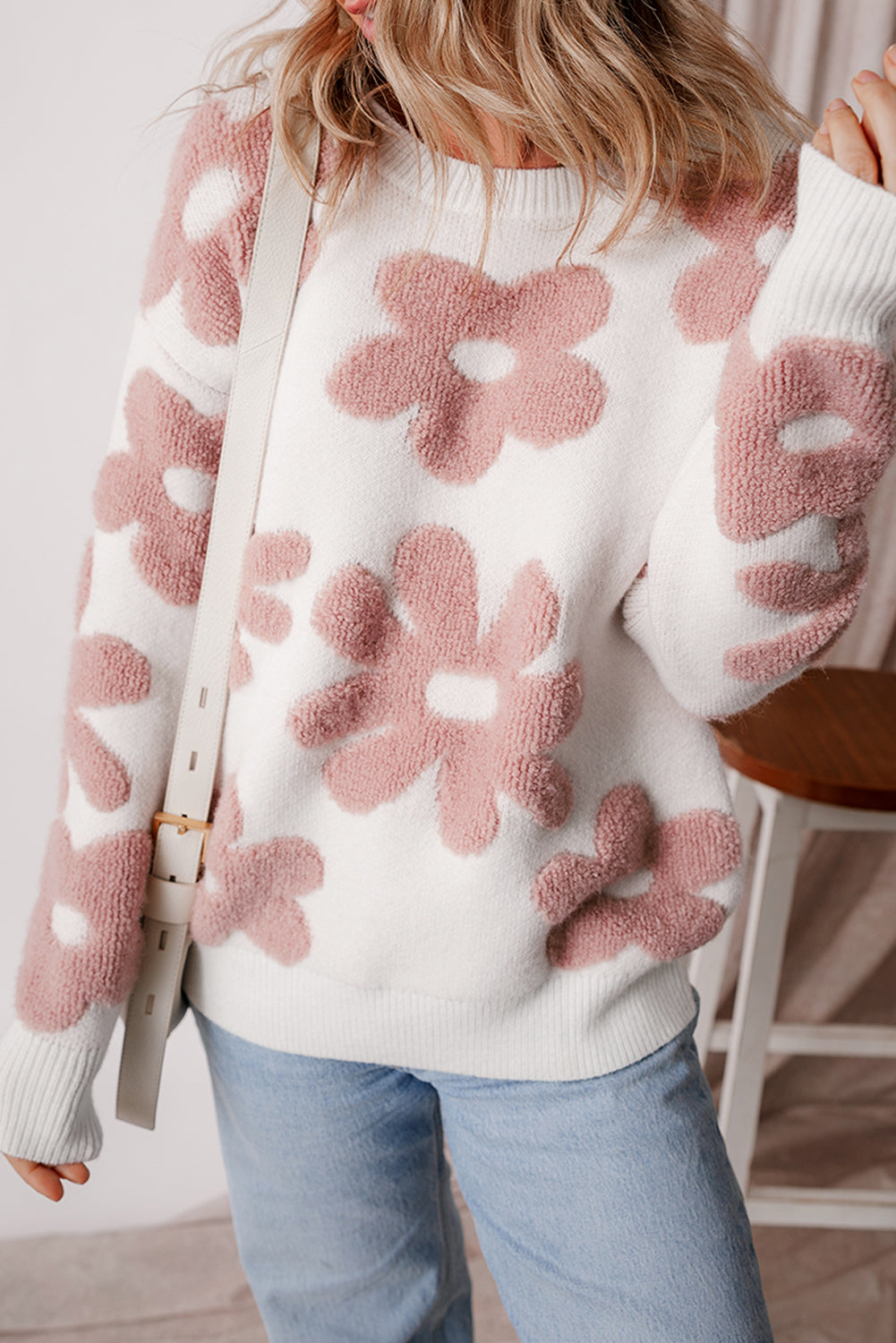 White Textured Flower Drop Shoulder Loose Sweater by Wild and Free Boutique