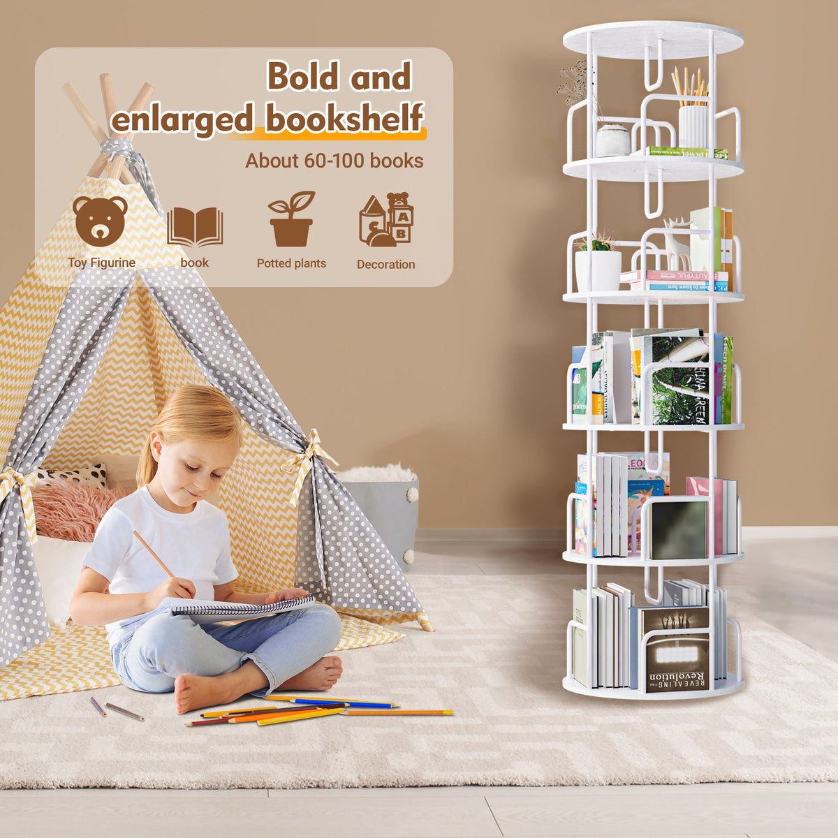 Rotating Bookshelf Tower 5 Tier Spinning 360 Degree Revolving Storage Shelf by Unique Piece Furniture