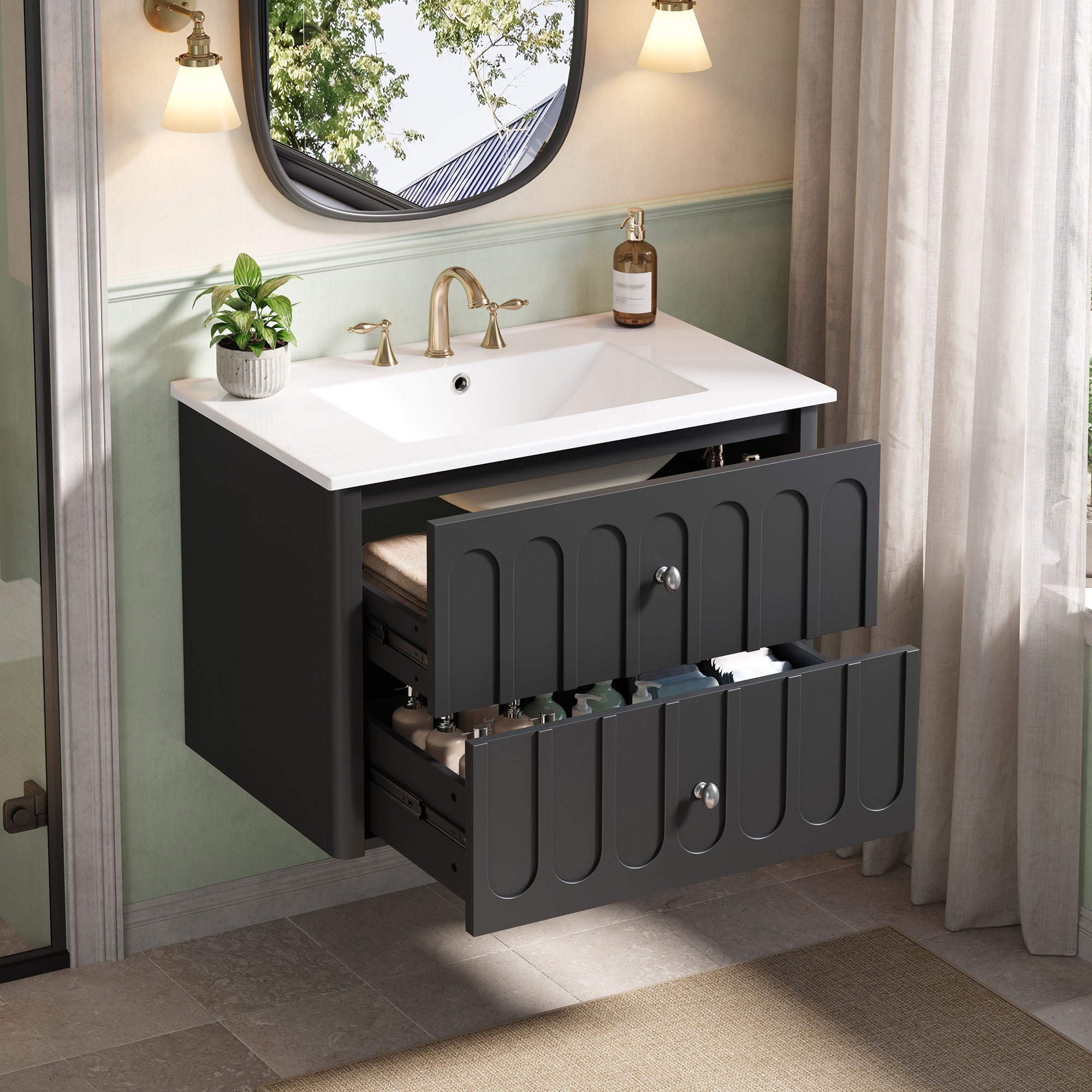 Floating Bathroom Vanity With Oval Knobs & Round Edge, Soft Close Drawer Slides by Unique Piece Furniture