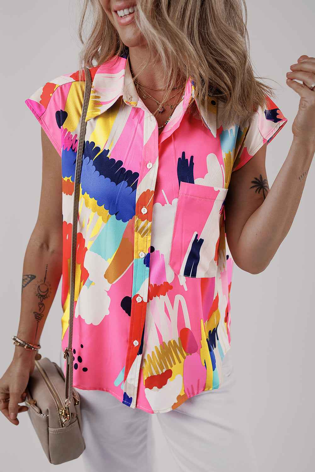 Multicolour Abstract Print Collared Cap Sleeve Casual Shirt by Wild and Free Boutique