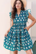 Printed Tie Neck Ruffled Cap Sleeve Dress by Simply Love