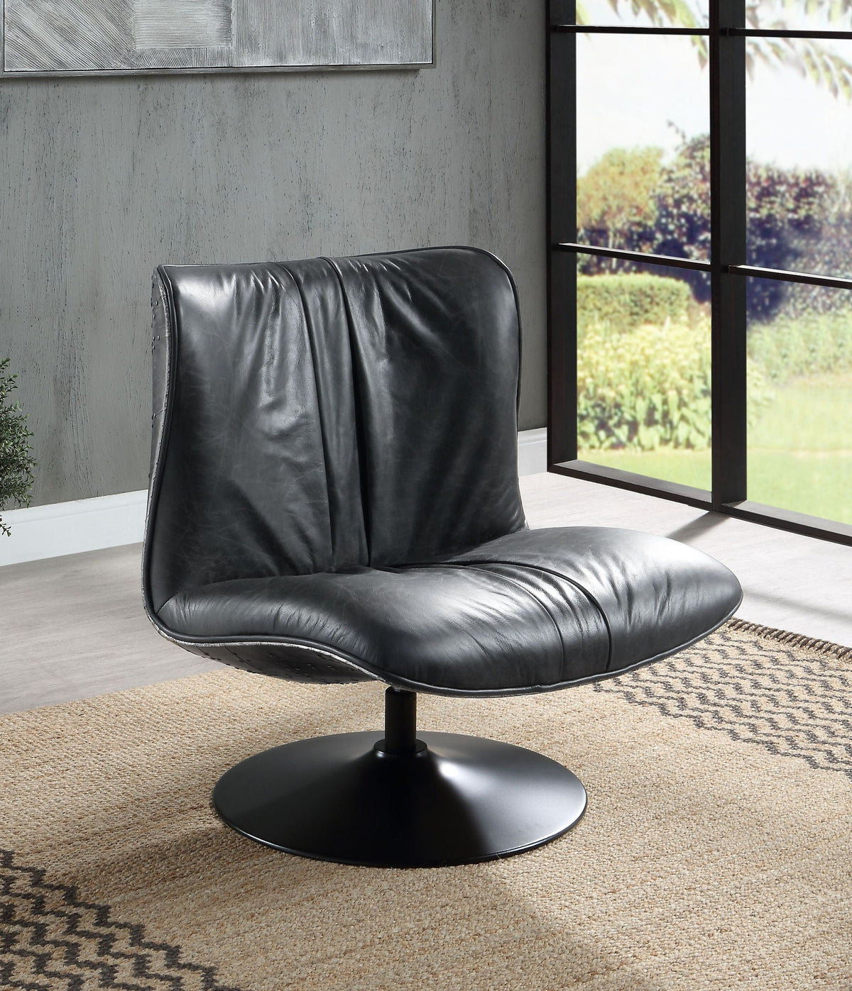 Piotr - Top Grain Leather Accent Chair With Swivel - Black by Unique Piece Furniture