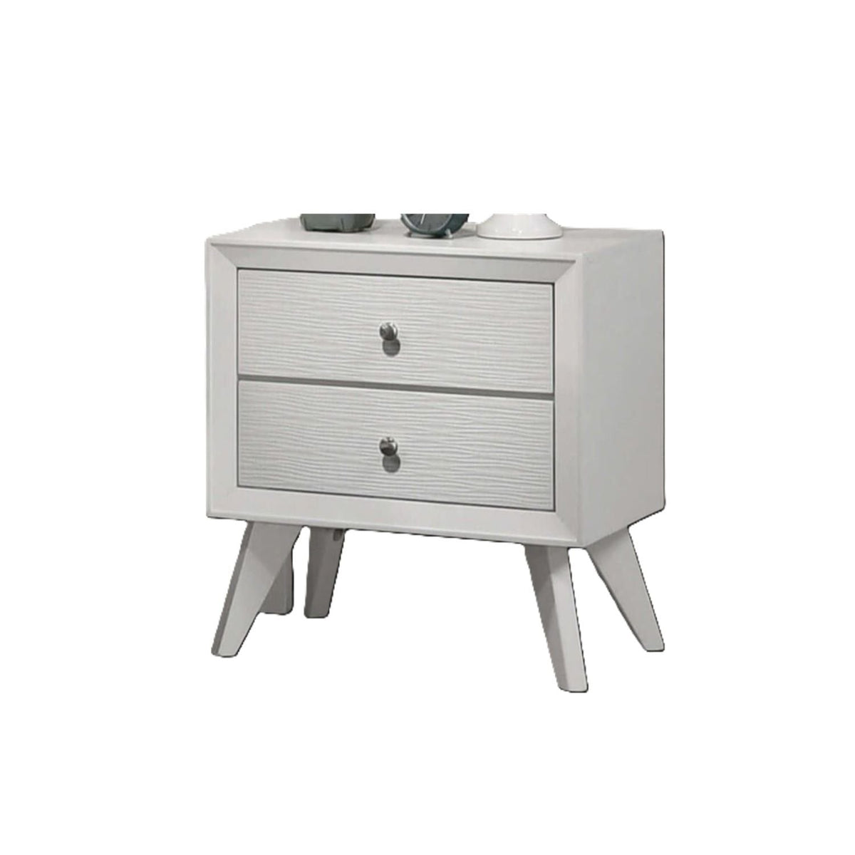 Nightstand With Angled Legs, Round Knobs, Wave Texture, 2 Drawer Bedside Table - White by Unique Piece Furniture