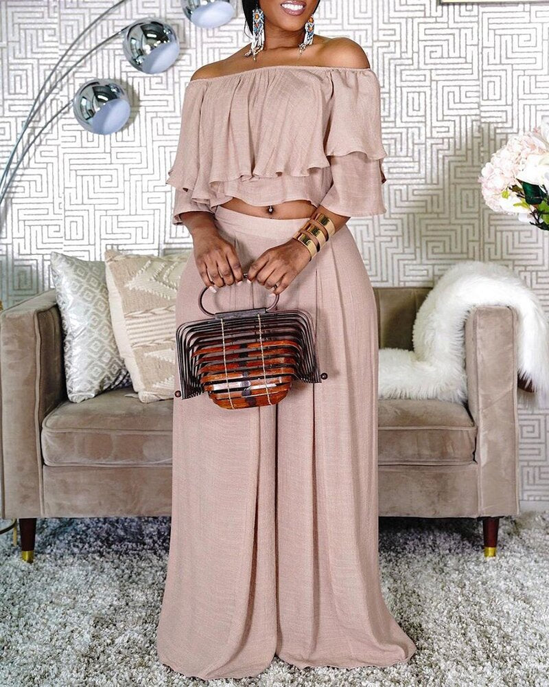 Plus Size 2 Piece Off Shoulder Crop Top & Wide Leg Pants by Trendy Attic Store01