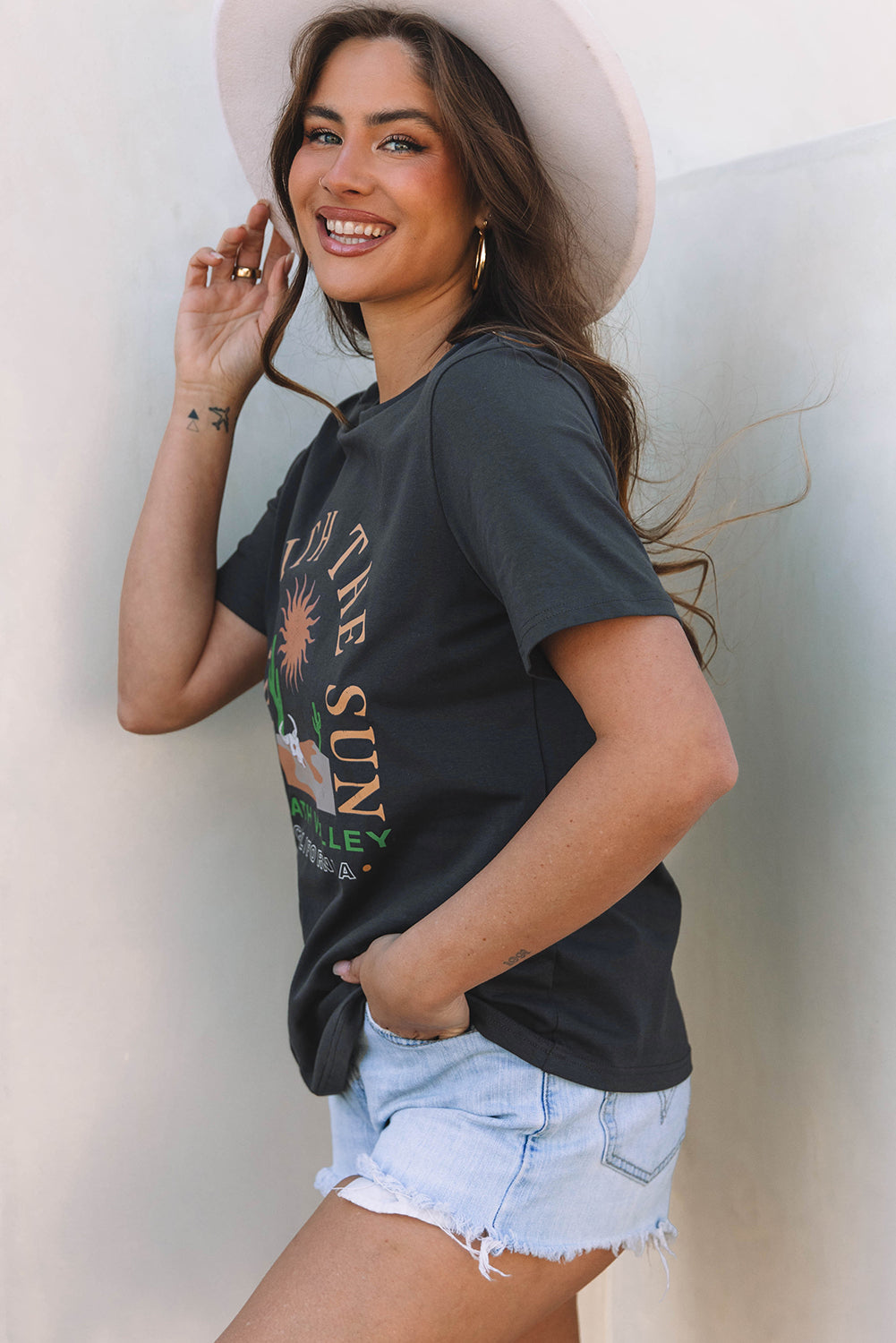 Dark Grey RISE WITH THE SUN Western Fashion Graphic Tee by Dear-Lover Dropshipping