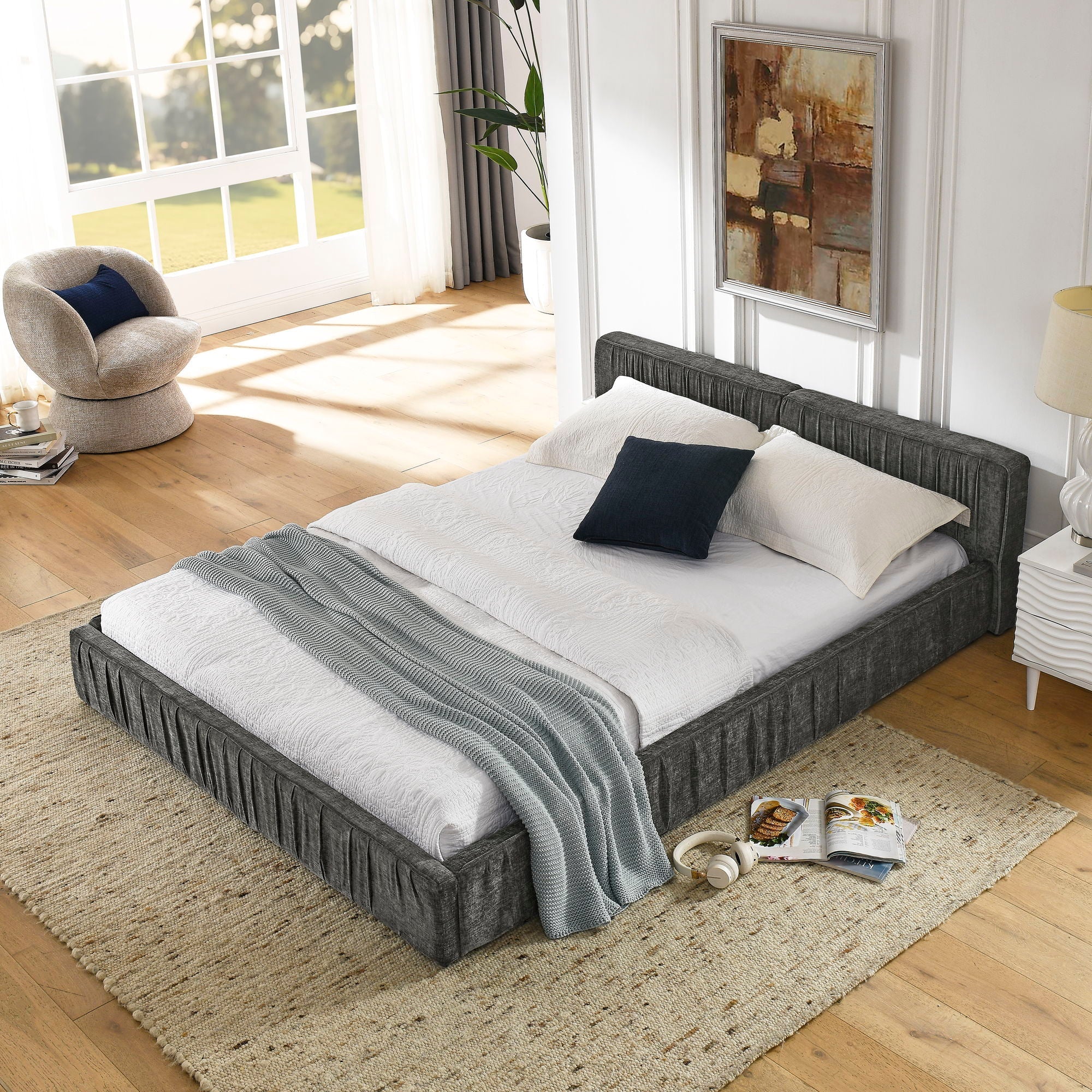 Modern Upholstered Platform Bed Frame With Pleated Design by Unique Piece Furniture