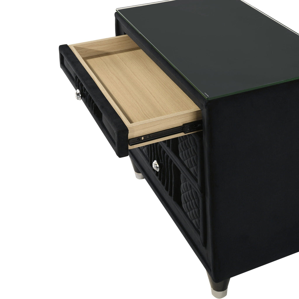 1 Piece Nightstand Upholstery Textured Look Luxurious Feel Drawer Fronts Crystal Style Knobs - Black by Unique Piece Furniture
