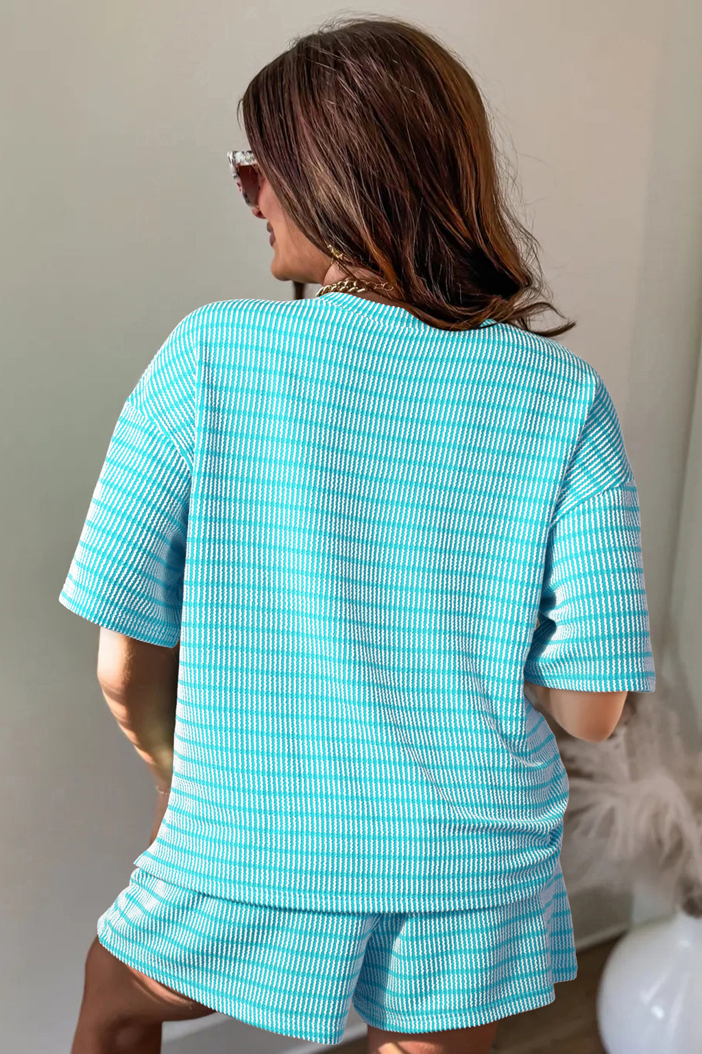 Rose Stripe Raised Rib Loose Tee Drawstring Elastic Waist 2pcs Short Set by Dear-Lover Dropshipping