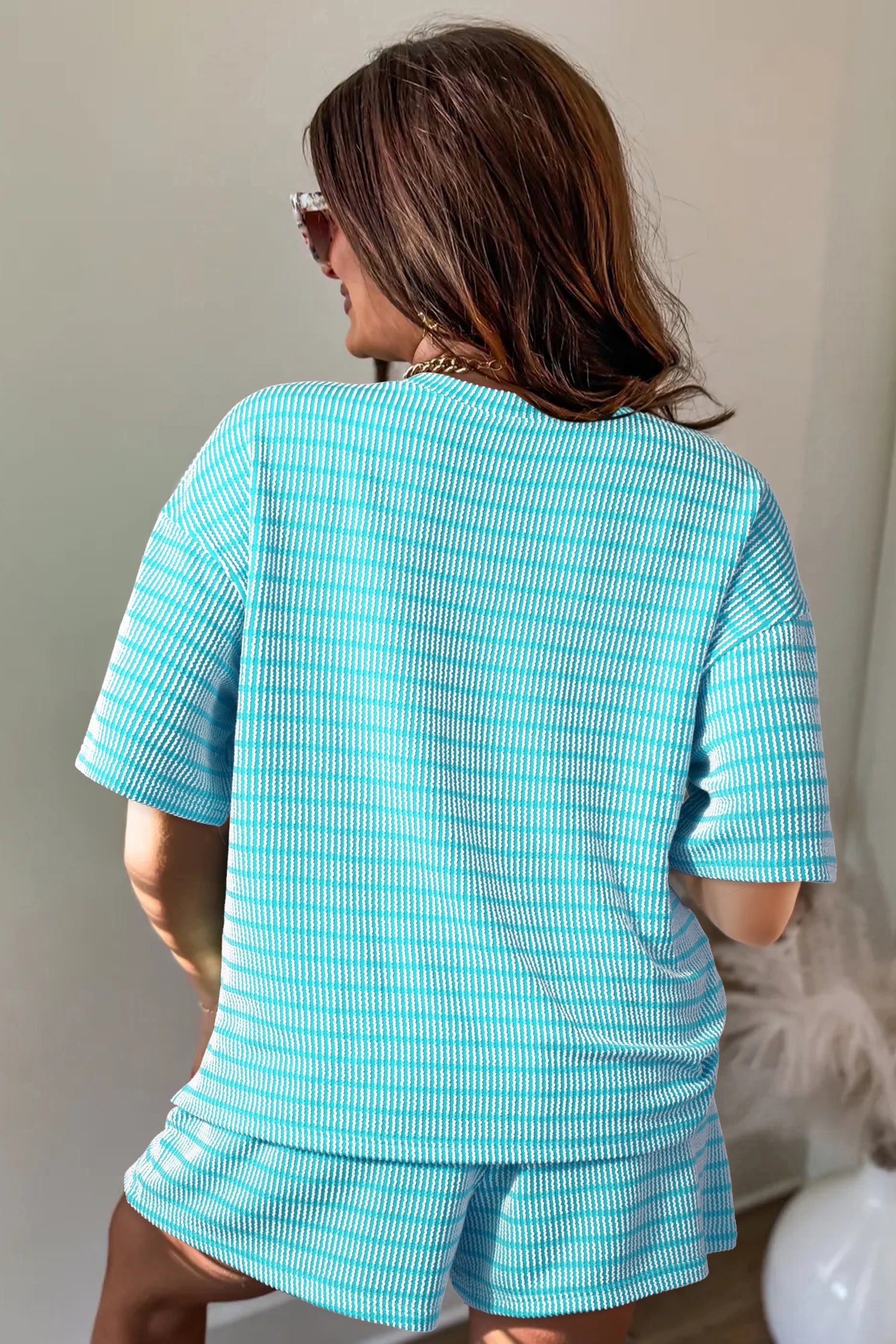 Rose Stripe Raised Rib Loose Tee Drawstring Elastic Waist 2pcs Short Set by Dear-Lover Dropshipping