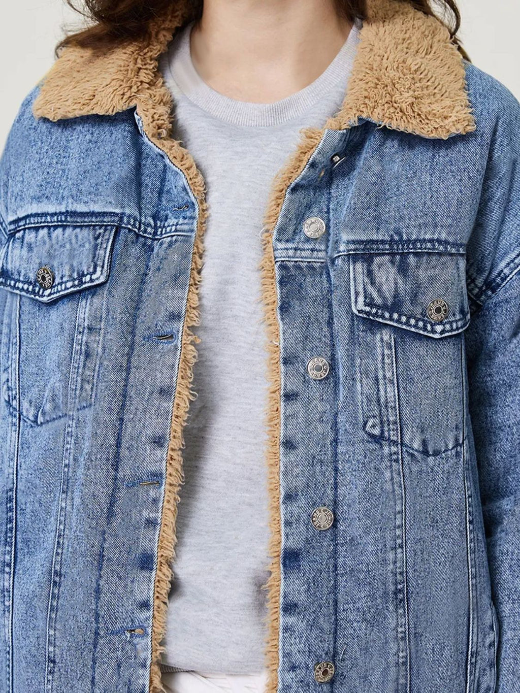 Button Up Collared Neck Plush Denim Jacket by Wild and Free Boutique